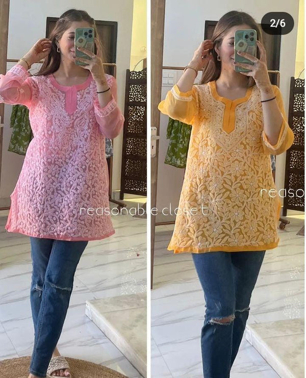 GEORGETTE SHORT EMBROIDERY KURTI AND SHARARA