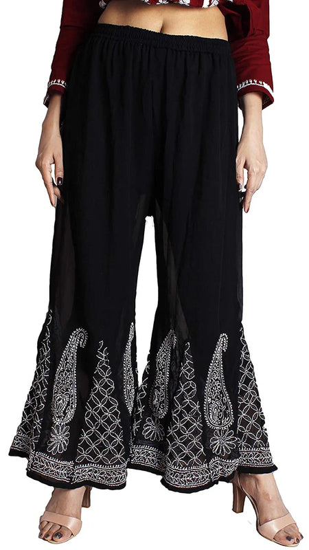 Chikankari Flared Free Size Chiffon Sharara With Lining Attached Inside