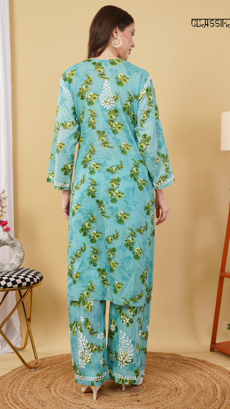 Flower print Hand embroidered Mulmul cord set