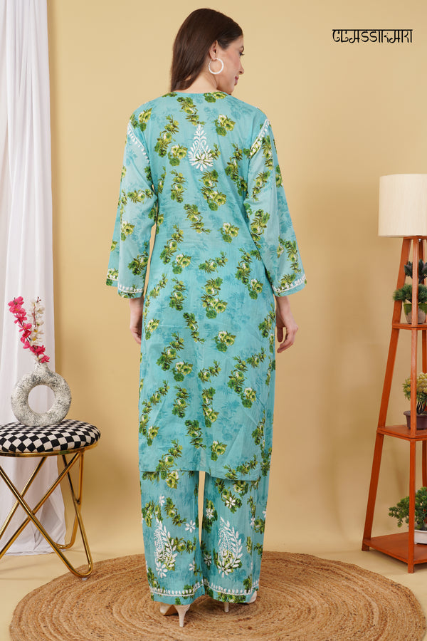 Flower print Hand embroidered Mulmul cord set