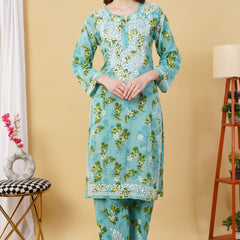 Flower print Hand embroidered Mulmul cord set