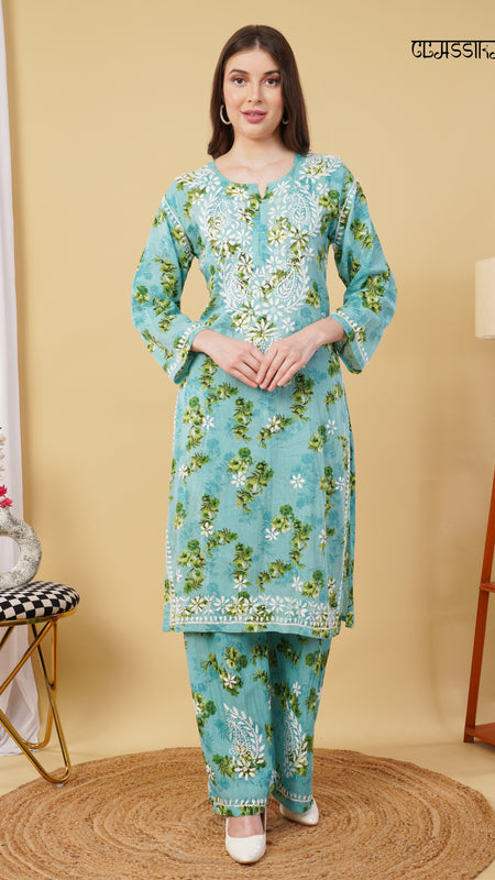 Flower print Hand embroidered Mulmul cord set