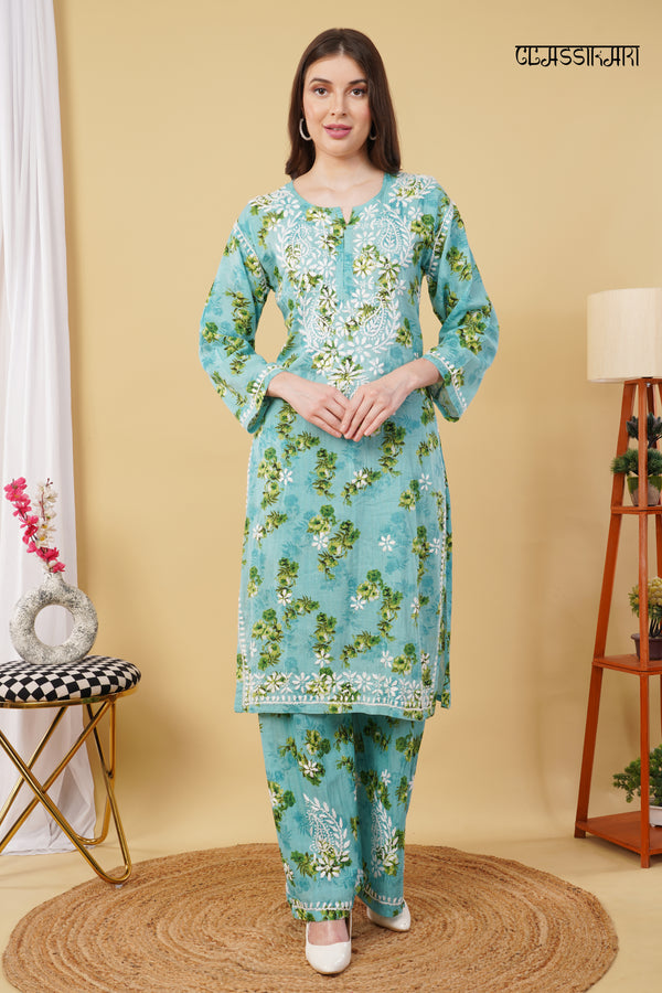 Flower print Hand embroidered Mulmul cord set