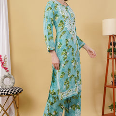 Flower print Hand embroidered Mulmul cord set