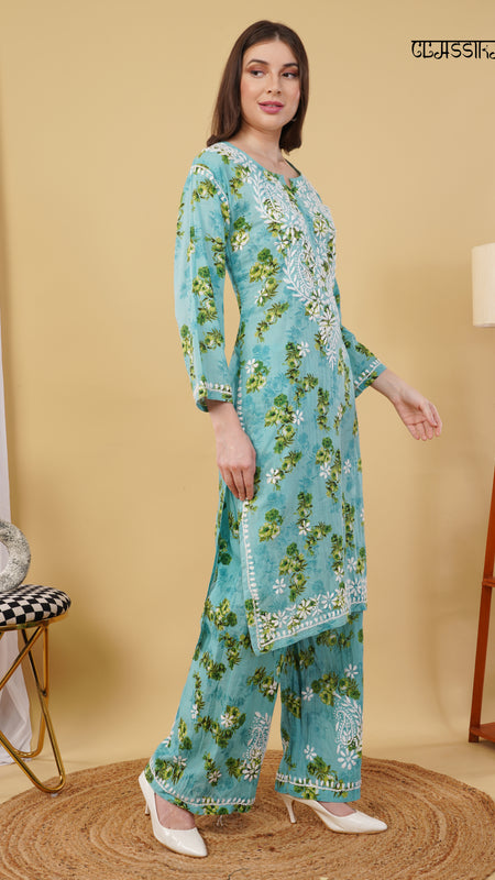Flower print Hand embroidered Mulmul cord set