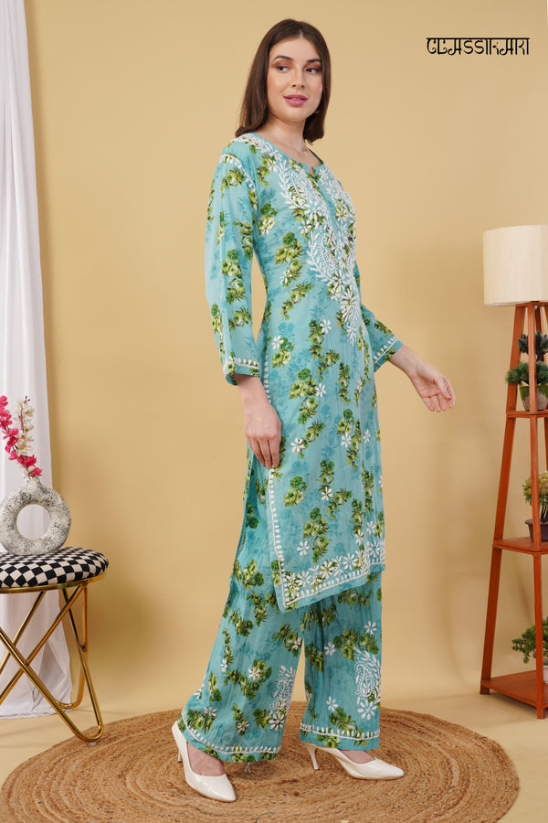 Flower print Hand embroidered Mulmul cord set