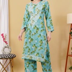 Flower print Hand embroidered Mulmul cord set