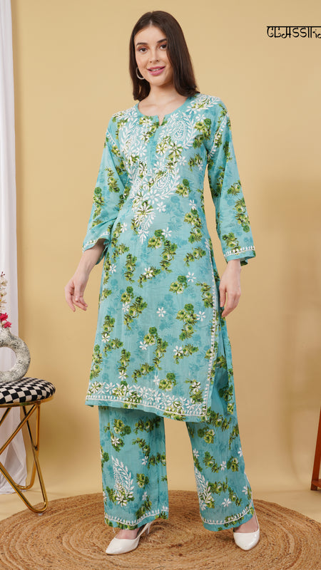 Flower print Hand embroidered Mulmul cord set