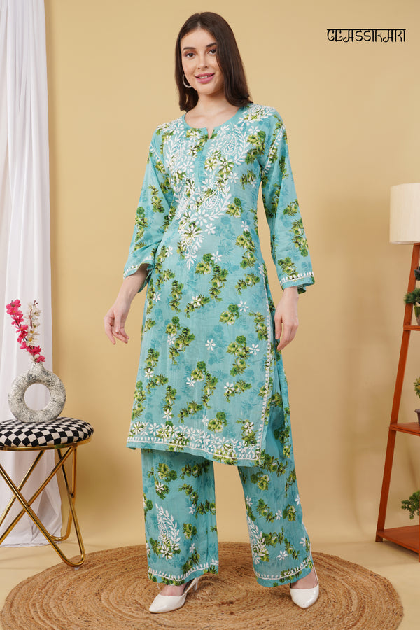 Flower print Hand embroidered Mulmul cord set