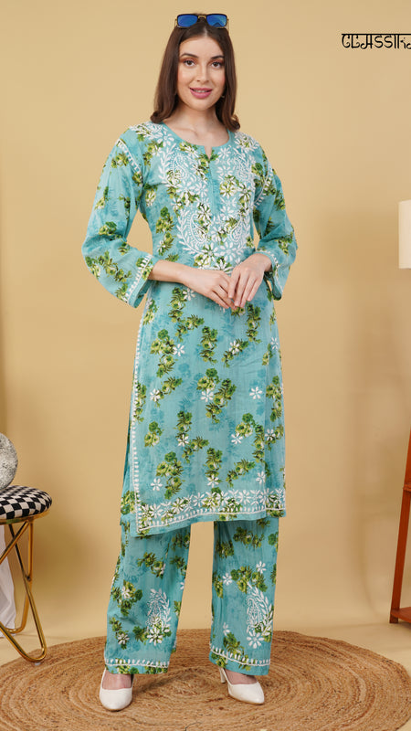 Flower print Hand embroidered Mulmul cord set