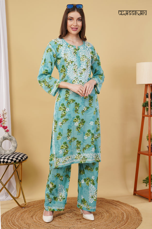 Flower print Hand embroidered Mulmul cord set