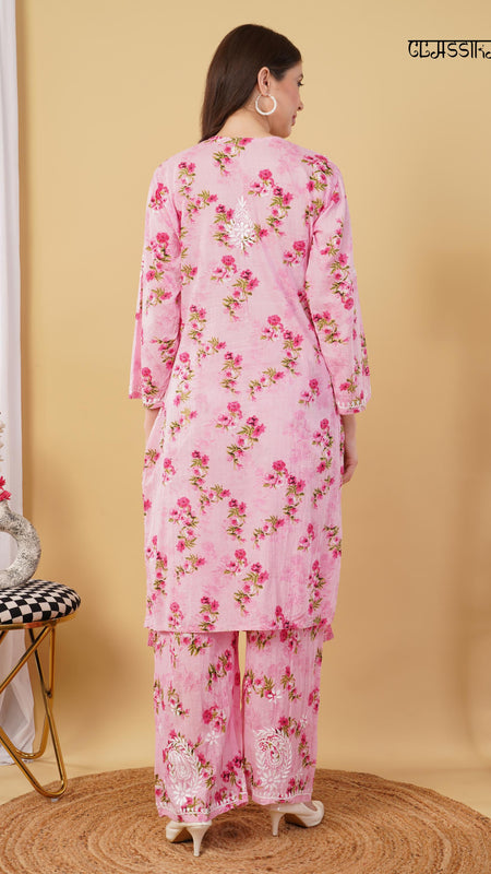 Flower print Hand embroidered Mulmul cord set