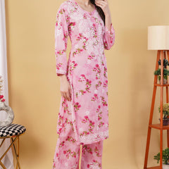 Flower print Hand embroidered Mulmul cord set