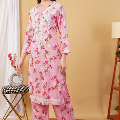 Flower print Hand embroidered Mulmul cord set