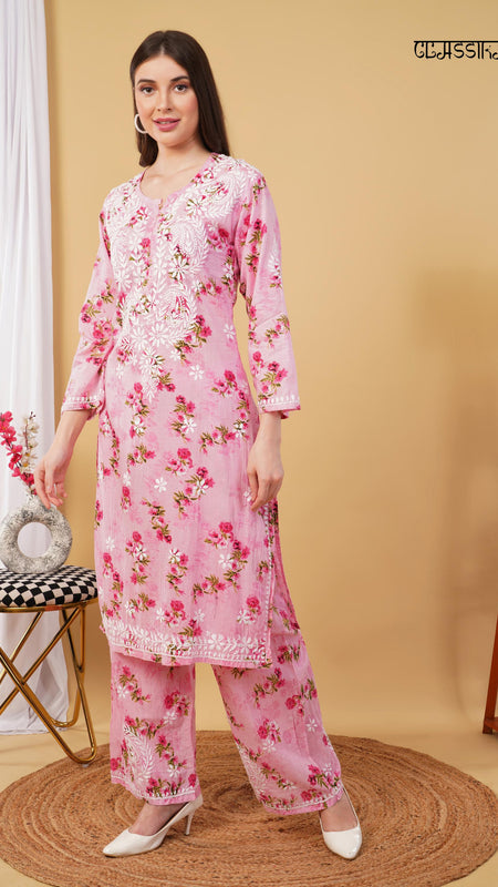 Flower print Hand embroidered Mulmul cord set