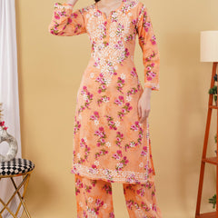 Flower print Hand embroidered Mulmul cord set