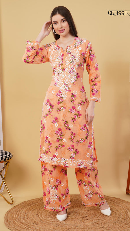 Flower print Hand embroidered Mulmul cord set