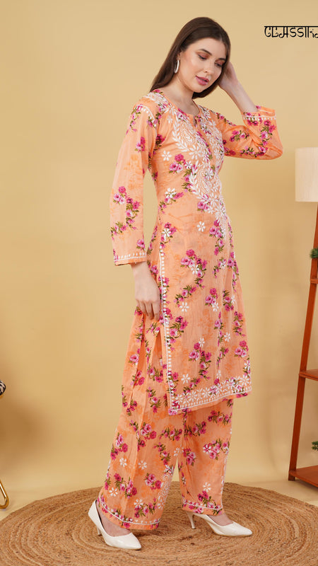 Flower print Hand embroidered Mulmul cord set