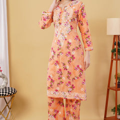 Flower print Hand embroidered Mulmul cord set