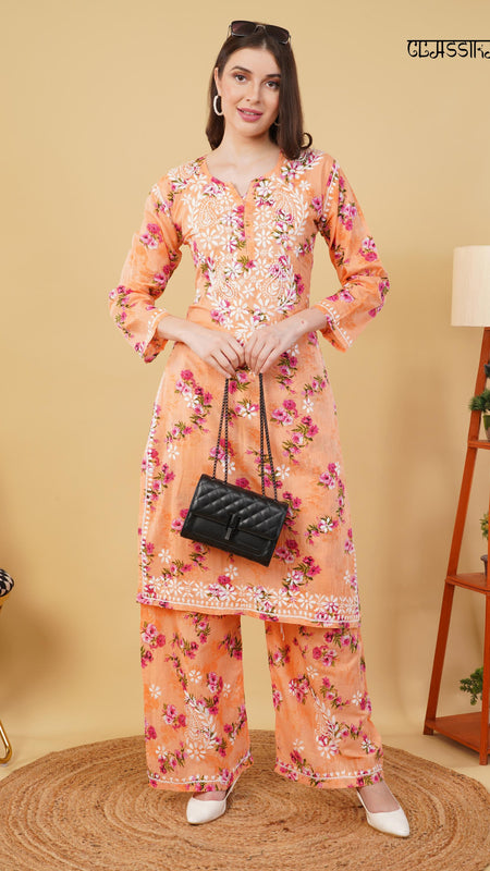 Flower print Hand embroidered Mulmul cord set