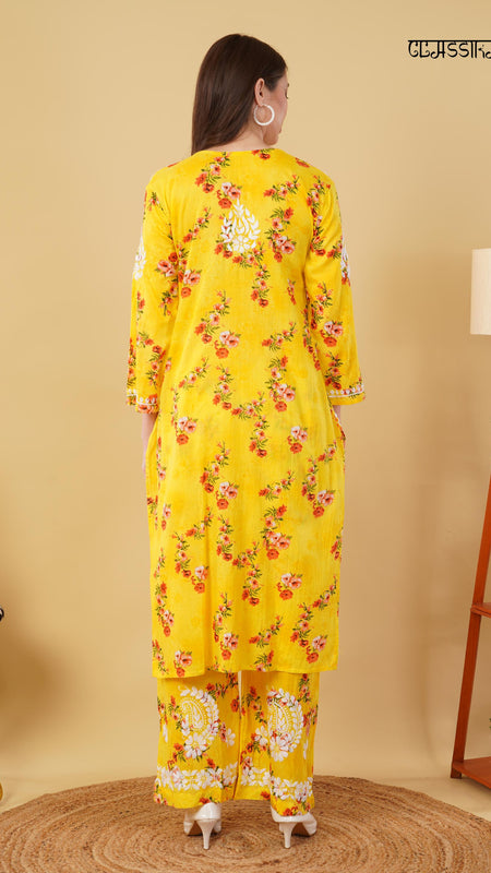 Flower print Hand embroidered Mulmul cord set