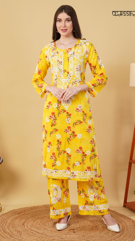 Flower print Hand embroidered Mulmul cord set