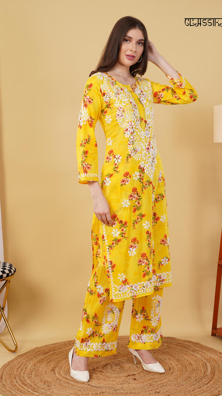 Flower print Hand embroidered Mulmul cord set