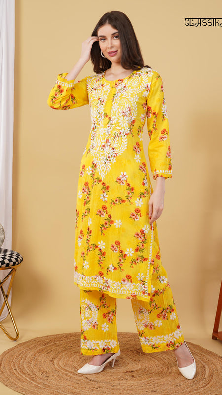 Flower print Hand embroidered Mulmul cord set