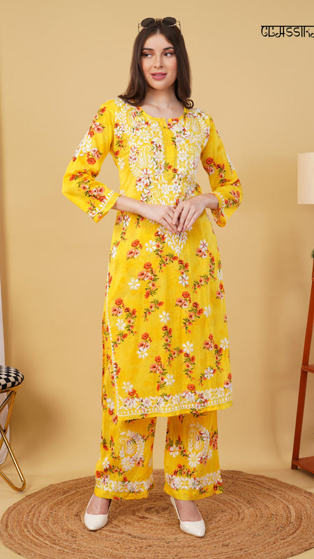 Flower print Hand embroidered Mulmul cord set