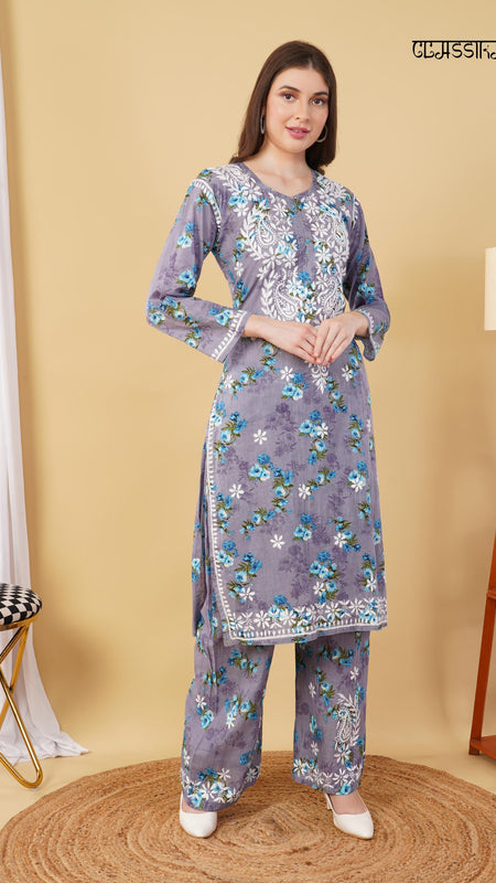 Flower print Hand embroidered Mulmul cord set
