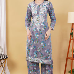 Flower print Hand embroidered Mulmul cord set