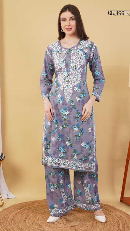 Flower print Hand embroidered Mulmul cord set