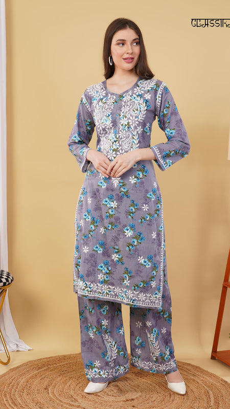 Flower print Hand embroidered Mulmul cord set