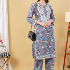 Flower print Hand embroidered Mulmul cord set