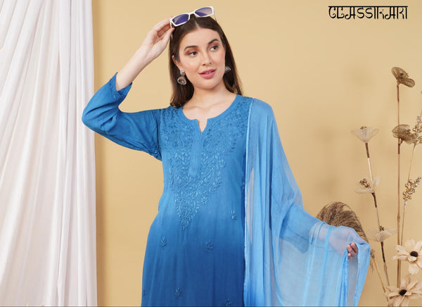 Most Comfortabe Rayon Ombrae Hand Embroidered Full Suit