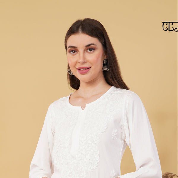 WHITE NOOR CHIKANKARI KURTI