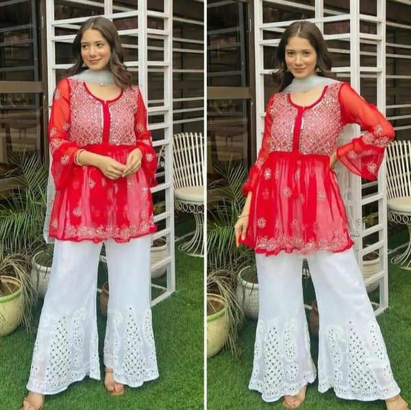 SHORT MIROR KURTI WITH SHARARA AND DUPATTA / SHORT KURTI SET
