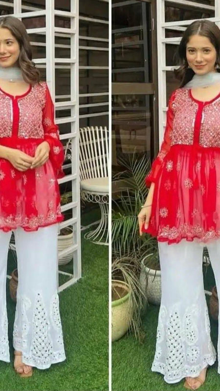 SHORT MIROR KURTI WITH SHARARA AND DUPATTA / SHORT KURTI SET