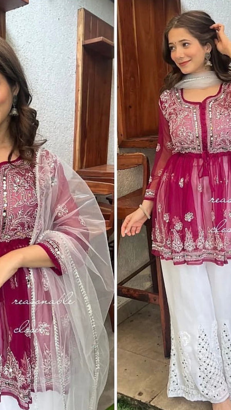 SHORT MIROR KURTI WITH SHARARA AND DUPATTA / SHORT KURTI SET