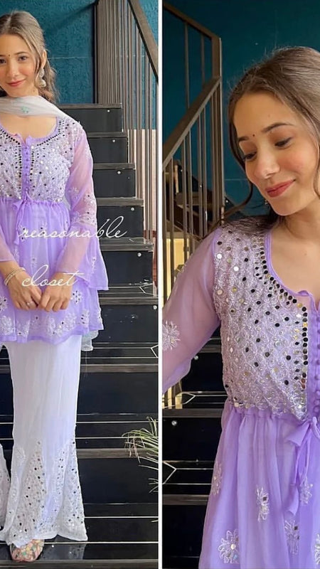 SHORT MIROR KURTI WITH SHARARA AND DUPATTA / SHORT KURTI SET