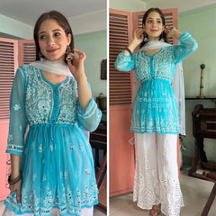 SHORT MIROR KURTI WITH SHARARA AND DUPATTA / SHORT KURTI SET