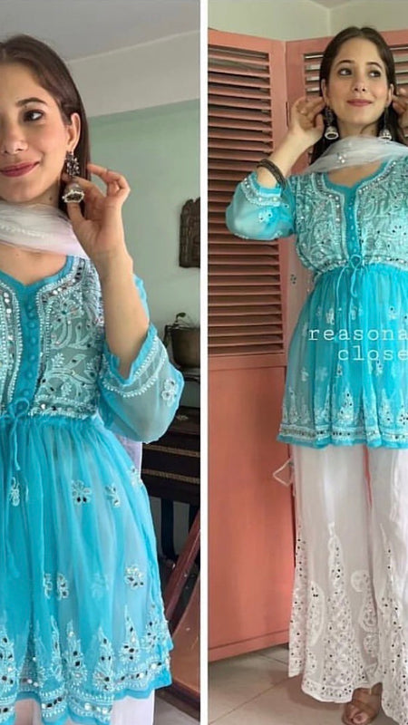 SHORT MIROR KURTI WITH SHARARA AND DUPATTA / SHORT KURTI SET