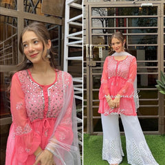 SHORT MIROR KURTI WITH SHARARA AND DUPATTA / SHORT KURTI SET