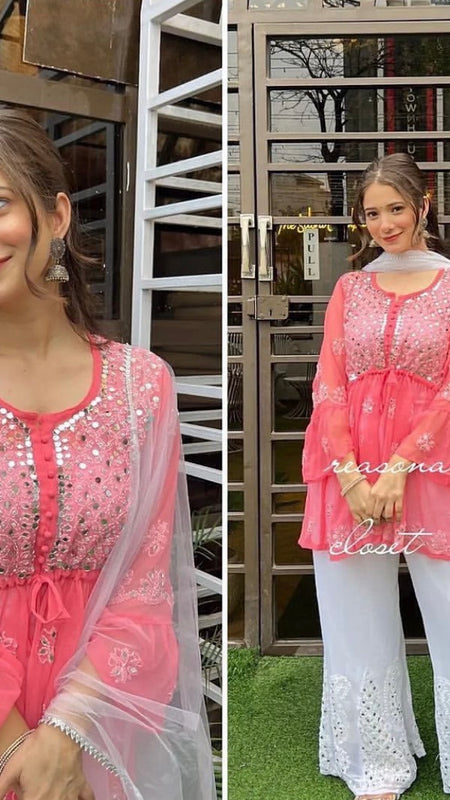 SHORT MIROR KURTI WITH SHARARA AND DUPATTA / SHORT KURTI SET