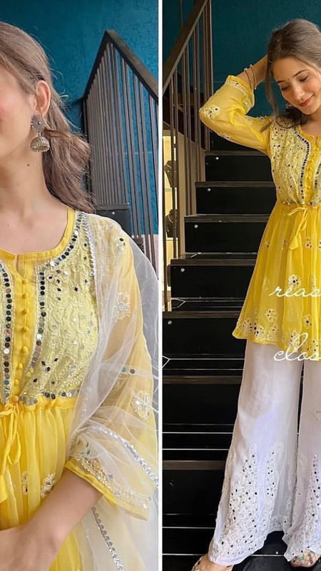 SHORT MIROR KURTI WITH SHARARA AND DUPATTA / SHORT KURTI SET