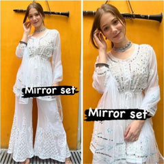 SHORT MIROR KURTI WITH SHARARA AND DUPATTA / SHORT KURTI SET