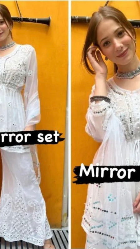 SHORT MIROR KURTI WITH SHARARA AND DUPATTA / SHORT KURTI SET