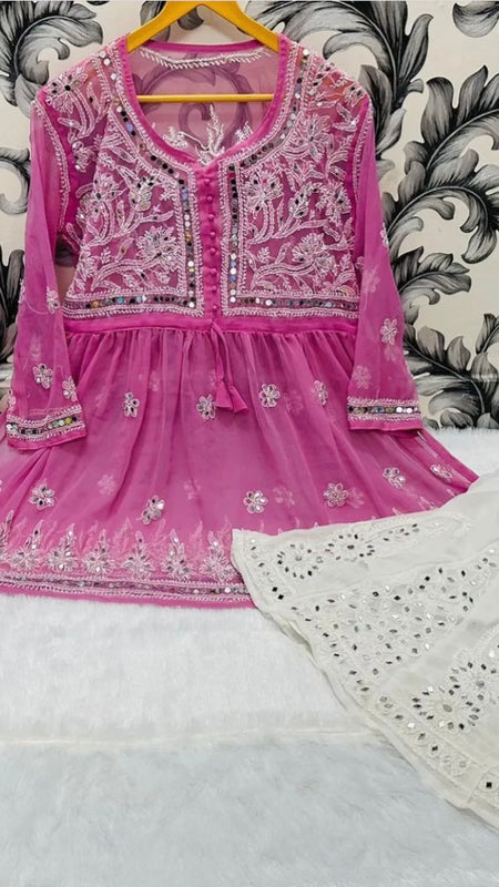 SHORT MIROR KURTI WITH SHARARA AND DUPATTA / SHORT KURTI SET
