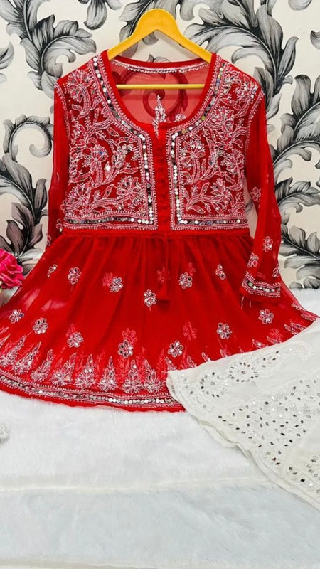 SHORT MIROR KURTI WITH SHARARA AND DUPATTA / SHORT KURTI SET