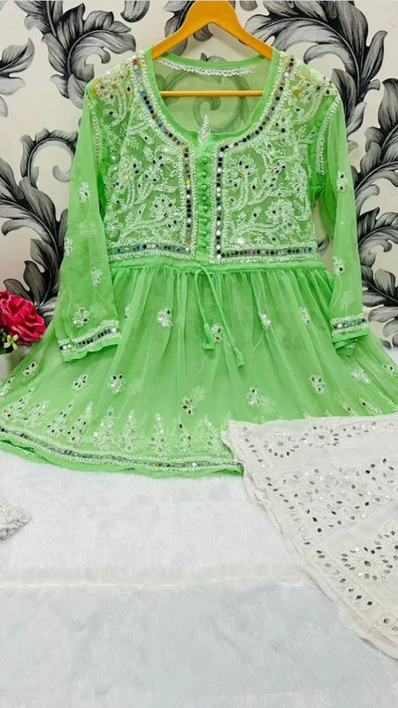 SHORT MIROR KURTI WITH SHARARA AND DUPATTA / SHORT KURTI SET